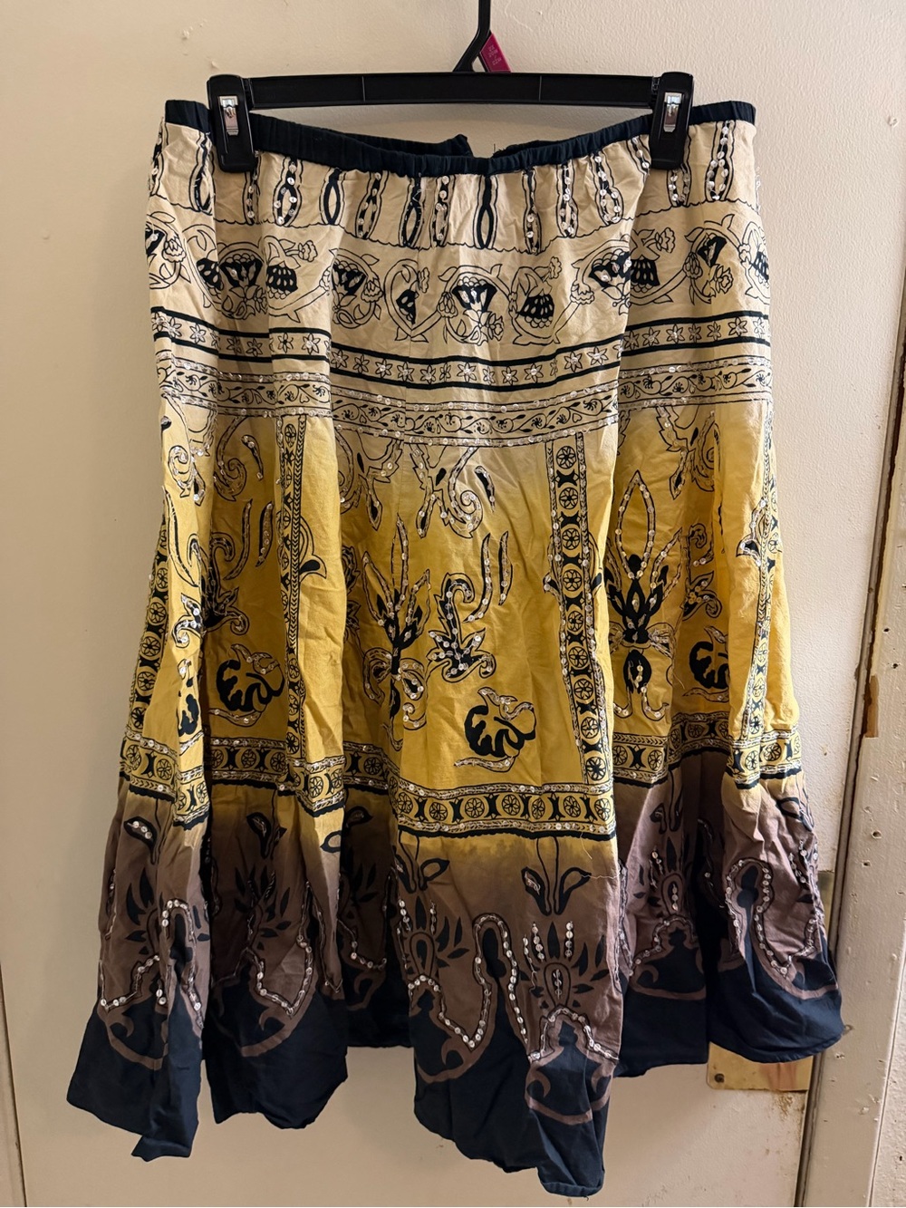 Bila Yellow, Brown and Black Boho Tiered Midi Skirt
